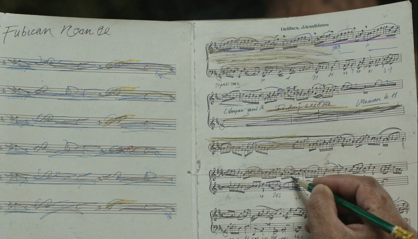 Close-up of an open audition binder with pencil marks, highlighted bars, and handwritten notes on sheet music