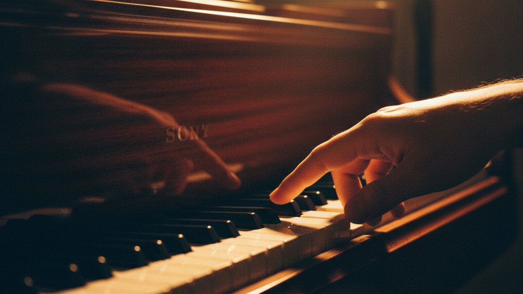 Close-up macro of piano keys under warm amber lighting, shallow depth of field with rich texture on the ivory and wood