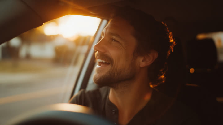 A man singing freely while driving at golden hour.